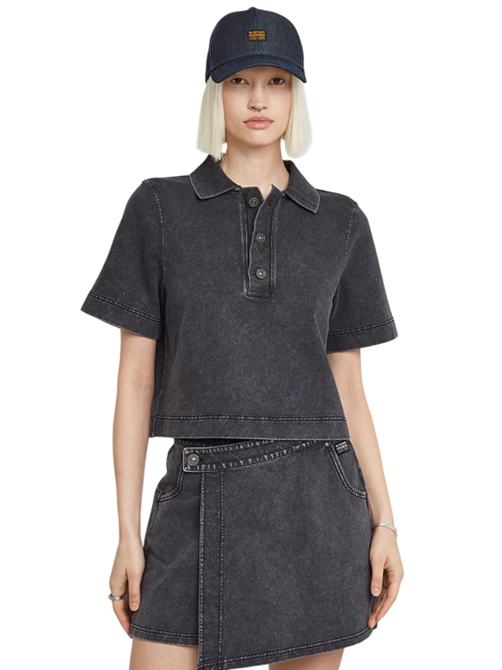 G-Star RAW Women's Overdyed Black Marle Polo T-Shirt, Size M - NWT